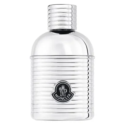 The Moncler Pour Homme Eau de Parfum Spray for Men (100ml) features a metallic, ribbed bottle with a cylindrical cap and the Moncler logo on the front.