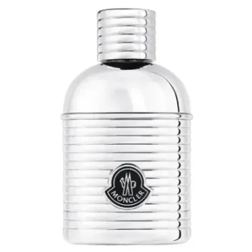 The Moncler Pour Homme Eau de Parfum Spray for Men (100ml) features a metallic, ribbed bottle with a cylindrical cap and the Moncler logo on the front.