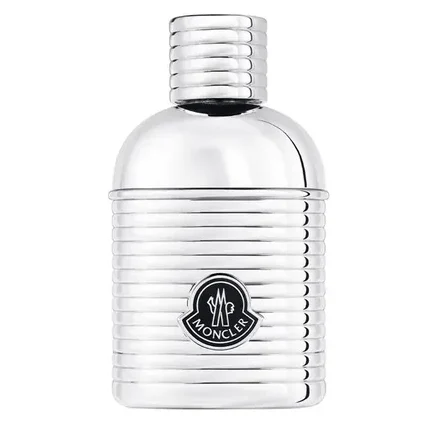 The Moncler Pour Homme Eau de Parfum Spray for Men (100ml) features a metallic, ribbed bottle with a cylindrical cap and the Moncler logo on the front. The Moncler Pour Homme Eau de Parfum Spray for Men (100ml) features a metallic, ribbed bottle with a cylindrical cap and the Moncler logo on the front.