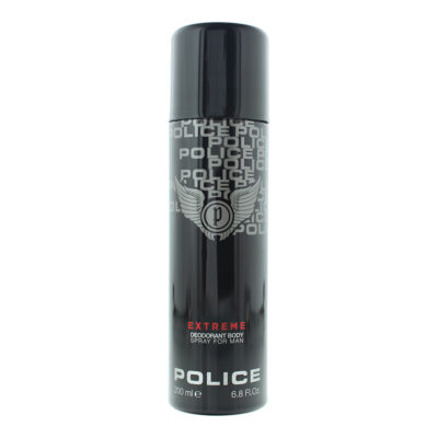 A pack of 2 Police Extreme Deodorant Sprays for men, each 200ml, black cans with silver and red text and a winged logo on the front.