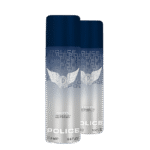 Two bottles of Police Frozen Deodorant Spray for Men, 200ml each, with blue caps and a silver gradient design.