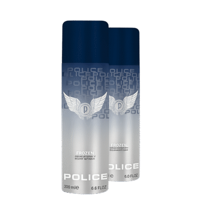 Two bottles of Police Frozen Deodorant Spray for Men, 200ml each, with blue caps and a silver gradient design.