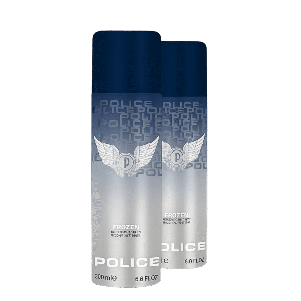 Two bottles of Police Frozen Deodorant Spray for Men, 200ml each, with blue caps and a silver gradient design.