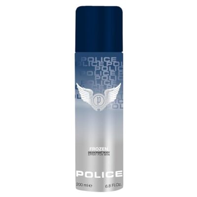 A pack of 2 Police Frozen Deodorant Sprays for Men, 200ml each, featuring a blue cap, silver-white gradient design, and the iconic Police logo with winged emblem.