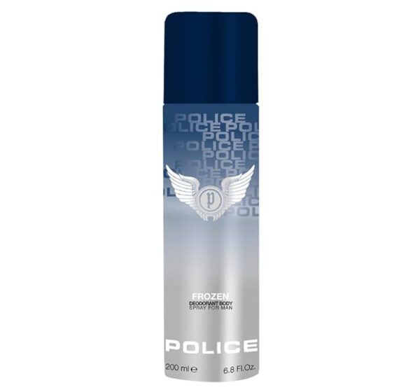 A pack of 2 Police Frozen Deodorant Sprays for Men, 200ml each, featuring a blue cap, silver-white gradient design, and the iconic Police logo with winged emblem.
