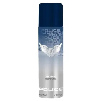 A pack of 2 Police Frozen Deodorant Sprays for Men, 200ml each, featuring a blue cap, silver-white gradient design, and the iconic Police logo with winged emblem.