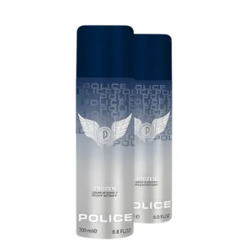 Two bottles of Police Frozen Deodorant Spray for Men, 200ml each, with blue caps and a silver gradient design.
