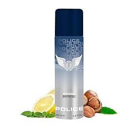 Two cans of Police Frozen Deodorant Spray for Men, 200ml each, are shown upright on a white background with a lemon slice, mint leaves, and hazelnuts placed beside them.
