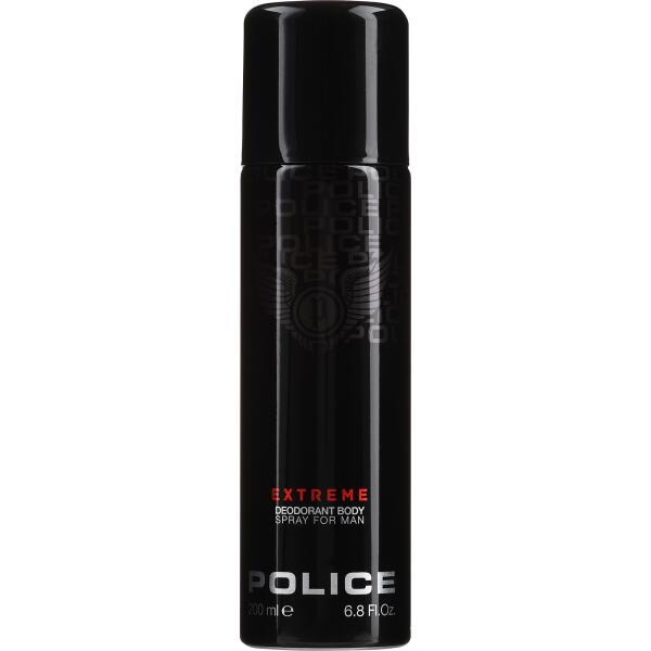 A pack of 2 Police Extreme Deodorant Body Sprays for men, each in a 200ml black can with white and red text on the front.