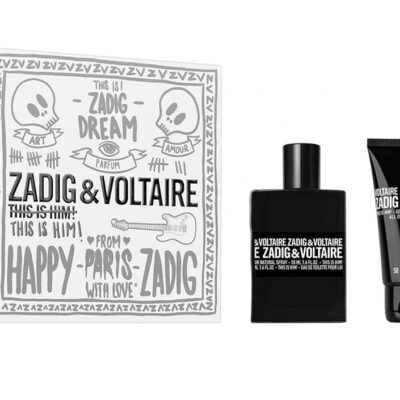 Zadig & Voltaire This is Him Gift Set features a 50ml EDT and a 50ml shower gel, presented in an illustrated box with the black perfume bottle and matching tube displayed side by side.