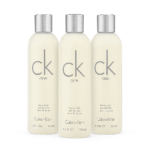 Three bottles of CK One Shower Gel Body Wash 250ml, unisex, with silver caps, are lined up side by side against a white background.