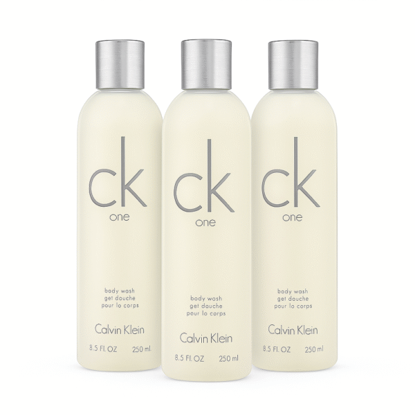 Three bottles of CK One Shower Gel Body Wash 250ml, unisex, with silver caps, are lined up side by side against a white background.