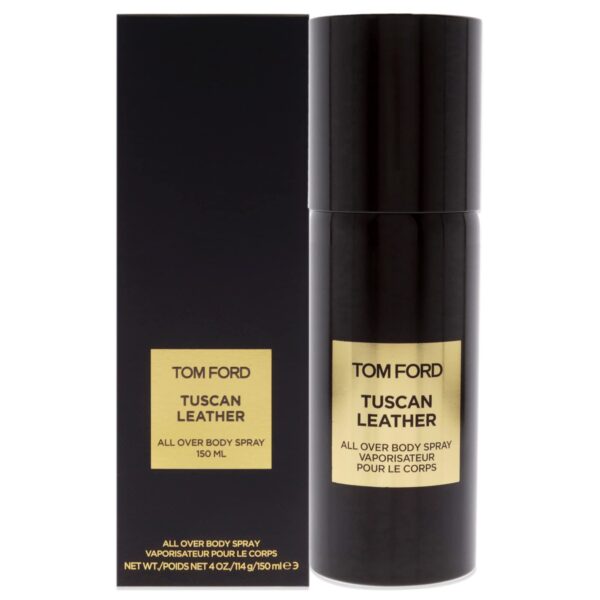 Two 150ml Tom Ford Tuscan Leather Unisex Body Spray canisters are displayed alongside their matching black and gold boxes.