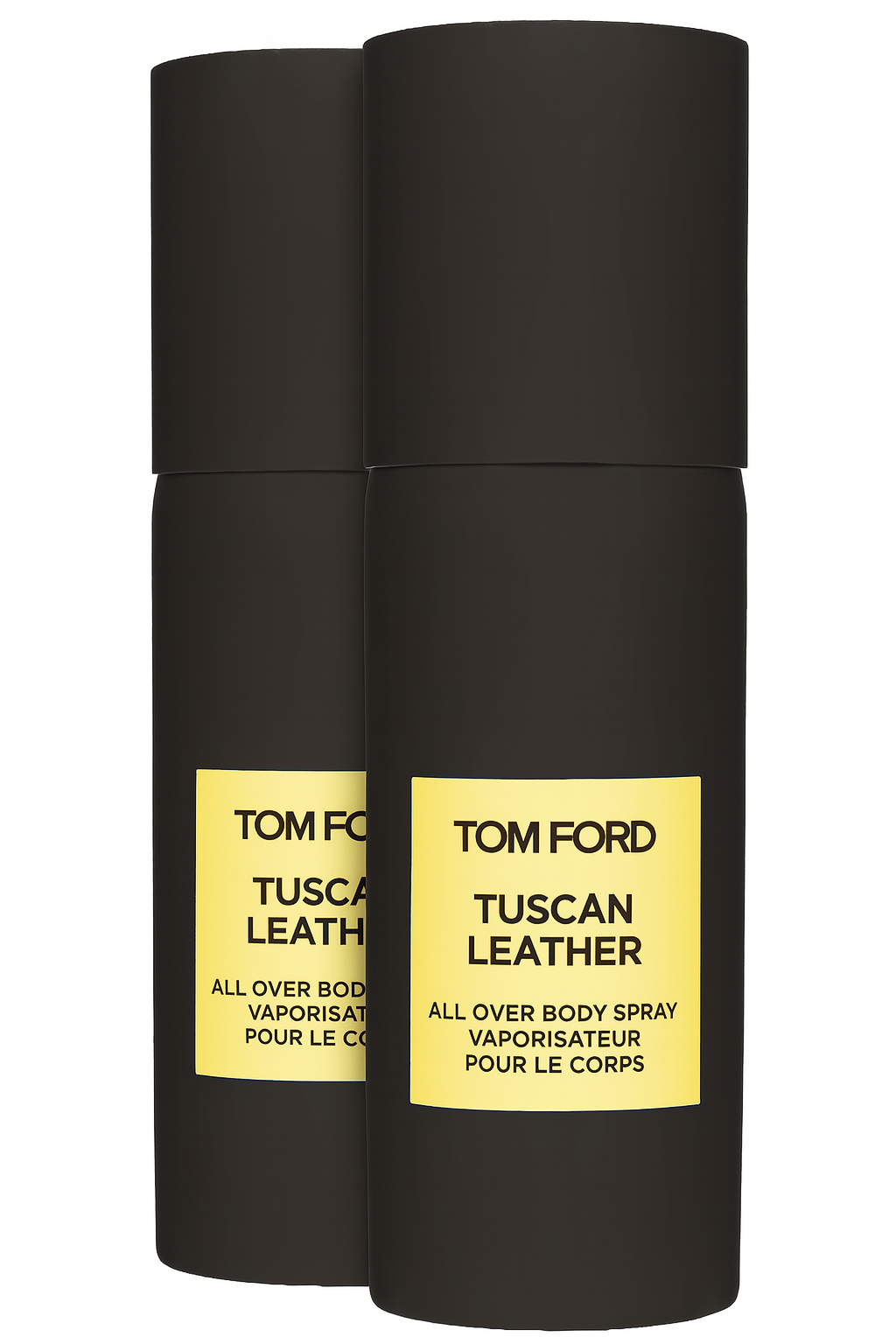 Two black cylindrical bottles of Tom Ford Tuscan Leather Unisex Body Spray 150ml with yellow labels.