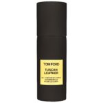 Two black cylindrical bottles labeled "Tom Ford Tuscan Leather Unisex Body Spray," each 150ml.