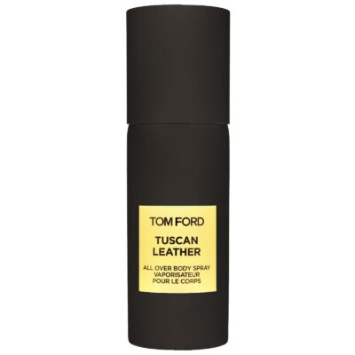 Two black cylindrical bottles labeled "Tom Ford Tuscan Leather Unisex Body Spray," each 150ml.