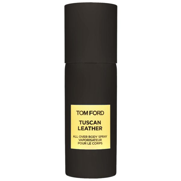 Two black cylindrical bottles labeled "Tom Ford Tuscan Leather Unisex Body Spray," each 150ml. Two black cylindrical bottles labeled "Tom Ford Tuscan Leather Unisex Body Spray," each 150ml.