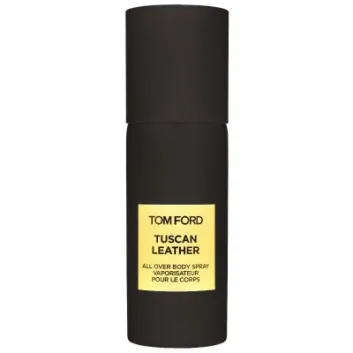 Two black cylindrical bottles labeled "Tom Ford Tuscan Leather Unisex Body Spray," each 150ml.