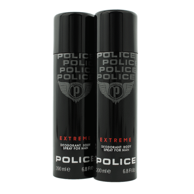 Two black cans of 2x Police Extreme Deodorant Spray for Men, 200ml each, are placed side by side against a white background.