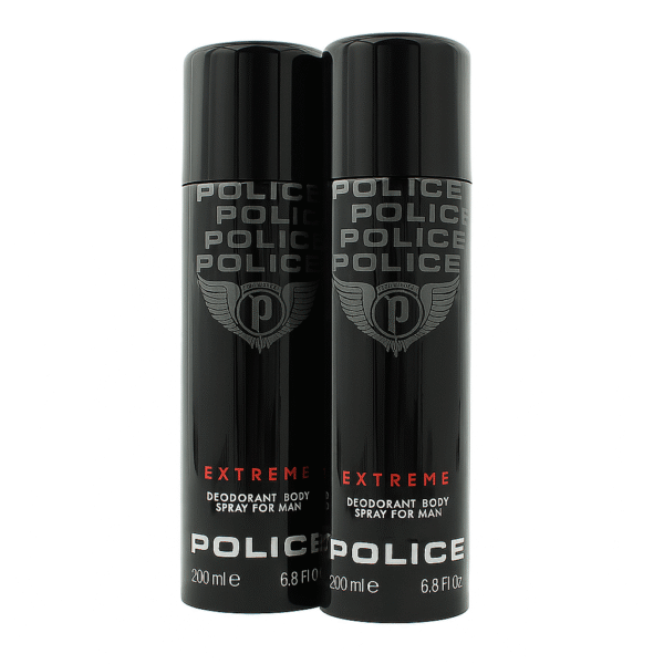 Two black cans of 2x Police Extreme Deodorant Spray for Men, 200ml each, are placed side by side against a white background. Two black cans of 2x Police Extreme Deodorant Spray for Men, 200ml each, are placed side by side against a white background.