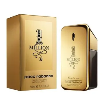 A 50ml Paco Rabanne 1 Million Eau De Toilette EDT Spray, featuring its signature gold packaging and gold-toned bottle.