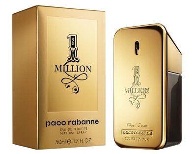 A 50ml Paco Rabanne 1 Million Eau De Toilette EDT Spray, featuring its signature gold packaging and gold-toned bottle.