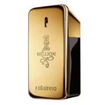 A gold, rectangular 50ml spray bottle of Paco Rabanne 1 Million Eau De Toilette, with embossed branding and a minimalist nozzle on top.