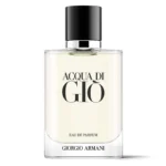 A clear glass bottle of Giorgio Armani Acqua Di Gio EDP 50ml Spray for men, featuring a black cap, light yellow liquid, and minimalist black text on the front.