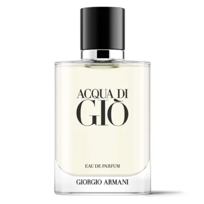 A clear glass bottle of Giorgio Armani Acqua Di Gio EDP 50ml Spray for men, featuring a black cap, light yellow liquid, and minimalist black text on the front.