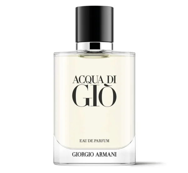 A clear glass bottle of Giorgio Armani Acqua Di Gio EDP 50ml Spray for men, featuring a black cap, light yellow liquid, and minimalist black text on the front. A clear glass bottle of Giorgio Armani Acqua Di Gio EDP 50ml Spray for men, featuring a black cap, light yellow liquid, and minimalist black text on the front.