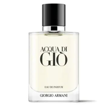 A clear glass bottle of Giorgio Armani Acqua Di Gio EDP 50ml Spray for men, featuring a black cap, light yellow liquid, and minimalist black text on the front.