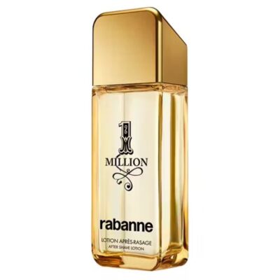 A gold-toned, rectangular 100ml bottle of Paco Rabanne 1 Million Aftershave Splash with a matching gold cap.