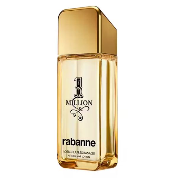 A gold-toned, rectangular 100ml bottle of Paco Rabanne 1 Million Aftershave Splash with a matching gold cap.