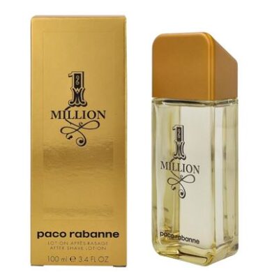 A gold box and a clear rectangular bottle with a gold cap, both labeled "Paco Rabanne 1 Million Aftershave Splash 100ml Spray.