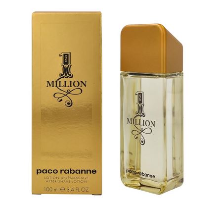 A gold box and a clear rectangular bottle with a gold cap, both labeled "Paco Rabanne 1 Million Aftershave Splash 100ml Spray. A gold box and a clear rectangular bottle with a gold cap, both labeled "Paco Rabanne 1 Million Aftershave Splash 100ml Spray.