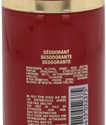 A pair of 150ml Jean Paul Gaultier Scandal deodorant sprays for men, each in a red and gold can with ingredient list, barcode, and manufacturer details on the back label.