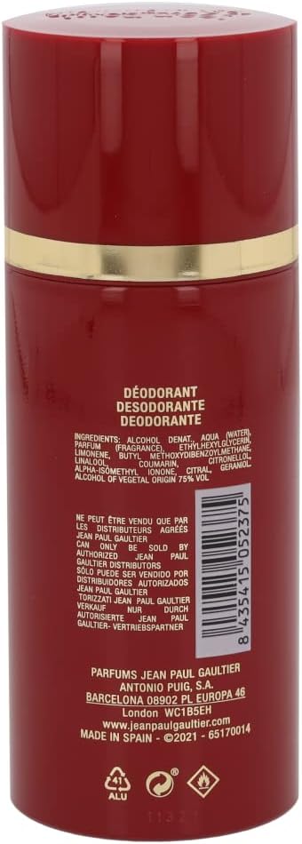 A pair of 150ml Jean Paul Gaultier Scandal deodorant sprays for men, each in a red and gold can with ingredient list, barcode, and manufacturer details on the back label.