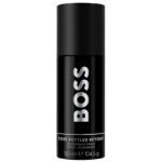 A pack of 3 black cylindrical bottles of Hugo Boss Bottled Beyond deodorant spray for men, each 150 ml, featuring white label text and black caps.