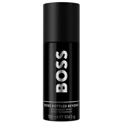 A pack of 3 black cylindrical bottles of Hugo Boss Bottled Beyond deodorant spray for men, each 150 ml, featuring white label text and black caps.
