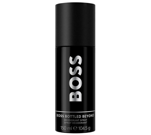 A pack of 3 black cylindrical bottles of Hugo Boss Bottled Beyond deodorant spray for men, each 150 ml, featuring white label text and black caps.