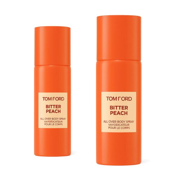Two upright orange bottles of 2x Tom Ford Bitter Peach All Over Body Spray are displayed against a white background.