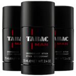 Three sticks of 3x Mäurer & Wirtz Tabac Man Deodorant Stick 75ml are arranged with one in front center and two positioned slightly behind on either side.