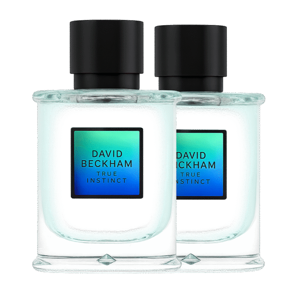 Two bottles of David Beckham True Instinct Eau de Parfum 75ml Spray, featuring clear glass, black caps, and blue-green gradient labels, are displayed side by side on a plain background. Two bottles of David Beckham True Instinct Eau de Parfum 75ml Spray, featuring clear glass, black caps, and blue-green gradient labels, are displayed side by side on a plain background.