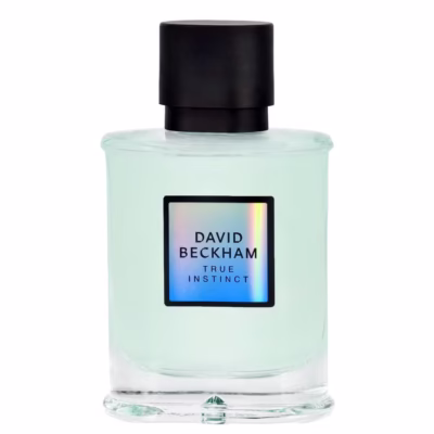 A duo pack of David Beckham True Instinct Eau de Parfum, each a 75ml spray bottle with a clear glass body, black cap, and holographic front label featuring the product name.