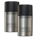 Two metallic silver 75ml deodorant sticks labeled "Porsche Design Palladium" for men are placed side by side on a white background. Both alcohol-free sticks feature black caps.