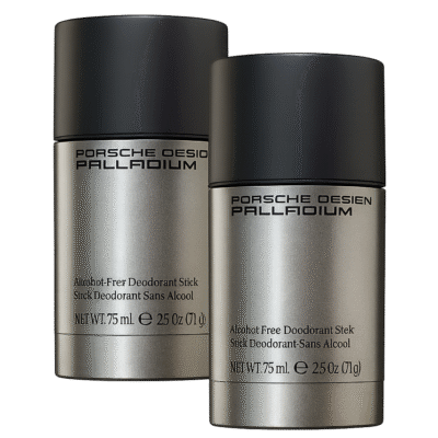 Two metallic silver 75ml deodorant sticks labeled "Porsche Design Palladium" for men are placed side by side on a white background. Both alcohol-free sticks feature black caps.