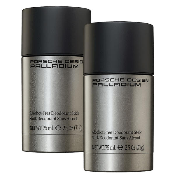Two metallic silver 75ml deodorant sticks labeled "Porsche Design Palladium" for men are placed side by side on a white background. Both alcohol-free sticks feature black caps. Two metallic silver 75ml deodorant sticks labeled "Porsche Design Palladium" for men are placed side by side on a white background. Both alcohol-free sticks feature black caps.
