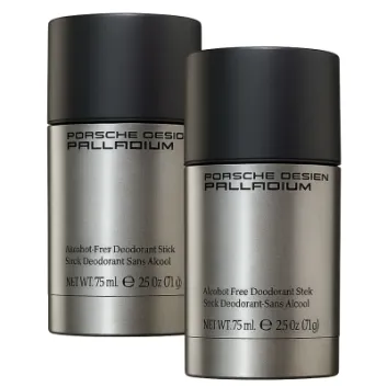 Two metallic silver 75ml deodorant sticks labeled "Porsche Design Palladium" for men are placed side by side on a white background. Both alcohol-free sticks feature black caps.