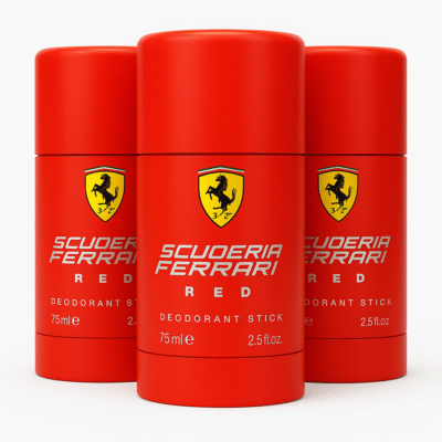Three Ferrari Scuderia Ferrari Red Deodorant Sticks for Men, 75ml each, featuring yellow Ferrari logos on the front.