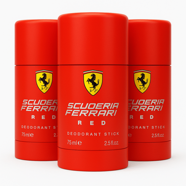Three Ferrari Scuderia Ferrari Red Deodorant Sticks for Men, 75ml each, featuring yellow Ferrari logos on the front. Three Ferrari Scuderia Ferrari Red Deodorant Sticks for Men, 75ml each, featuring yellow Ferrari logos on the front.